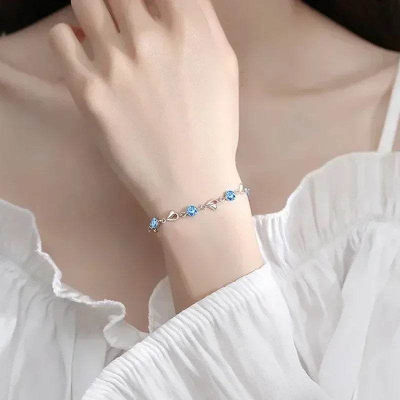 925 Sterling Silver Heart Necklace & Bracelet Set – Vintage Korean Blue Crystal Jewelry for Women | Party Gift Set