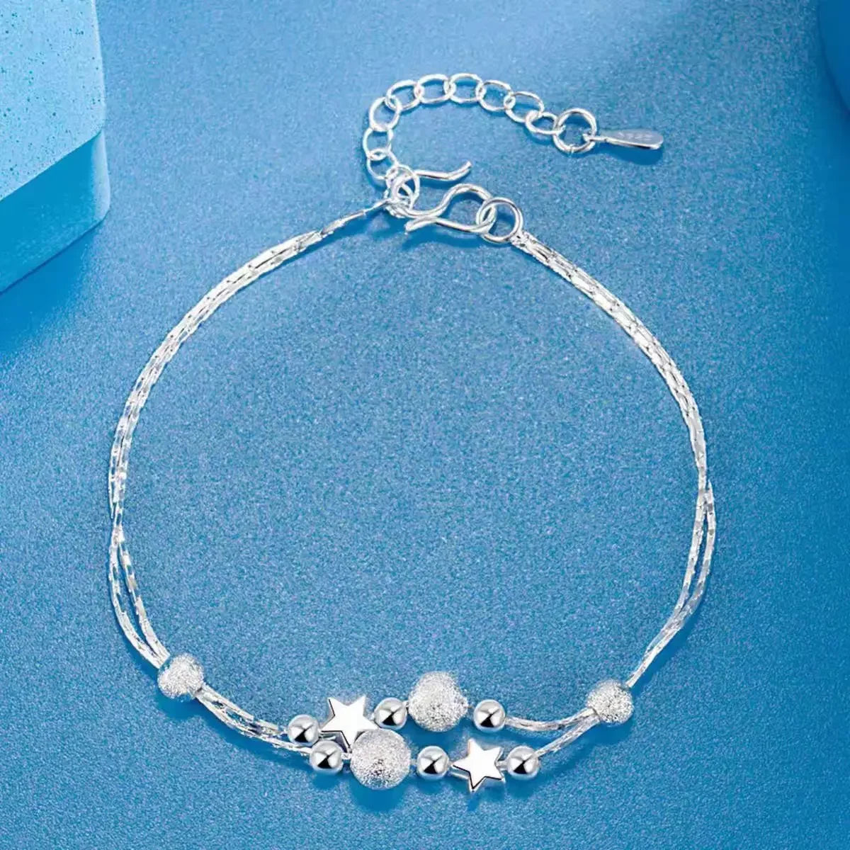 925 Sterling Silver Double Star Crystal Bracelet – Korean Fashion Jewelry for Women & Girls, Wedding & Gift Ready