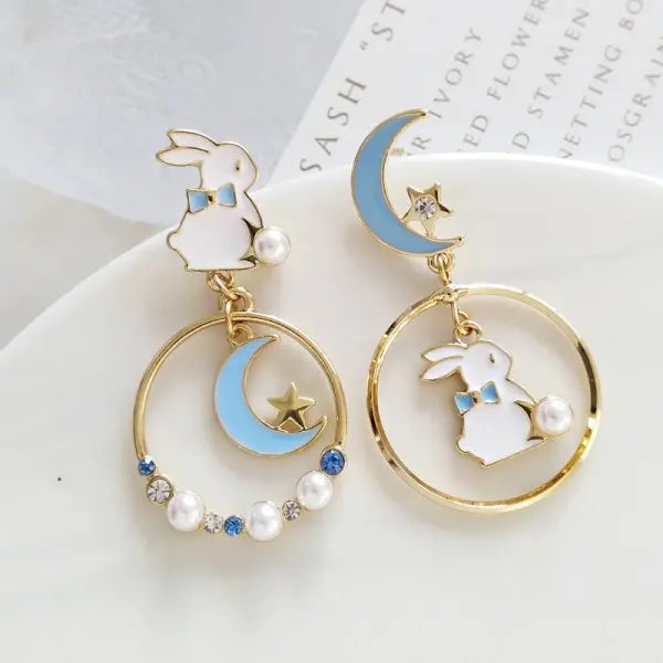 Korean Light Luxury Zircon Moon & Star Asymmetric Stud Earrings – Crystal Cloud Pearl Earrings for Women & Girls
