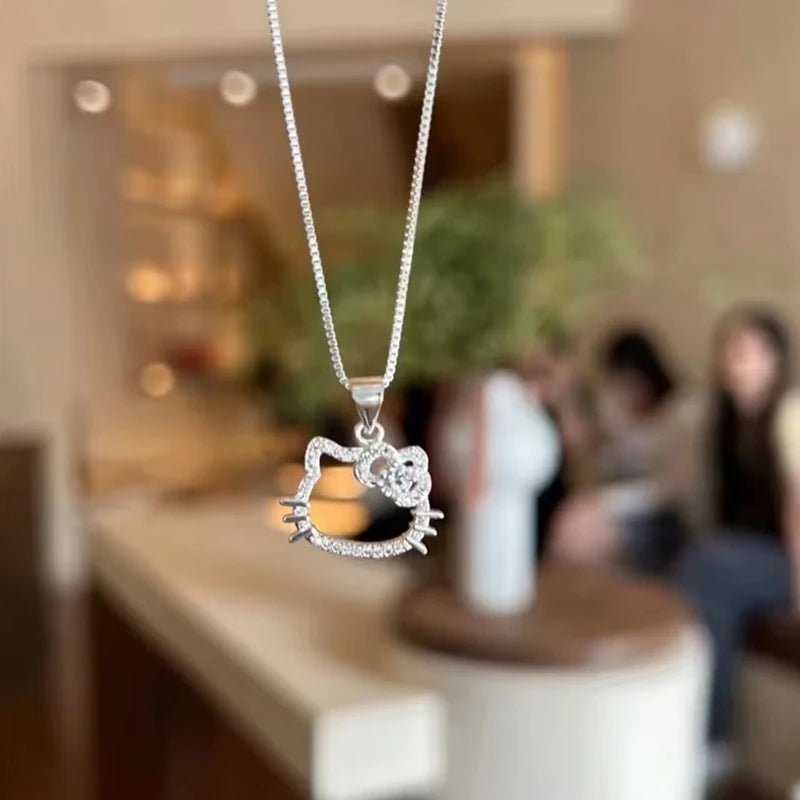 Lovely Hello kitty Sanrio Anime Kids Chain Necklace Cute Cartoon Hollowed Kitty Crystal Ring for Women Girls Birthday Gift