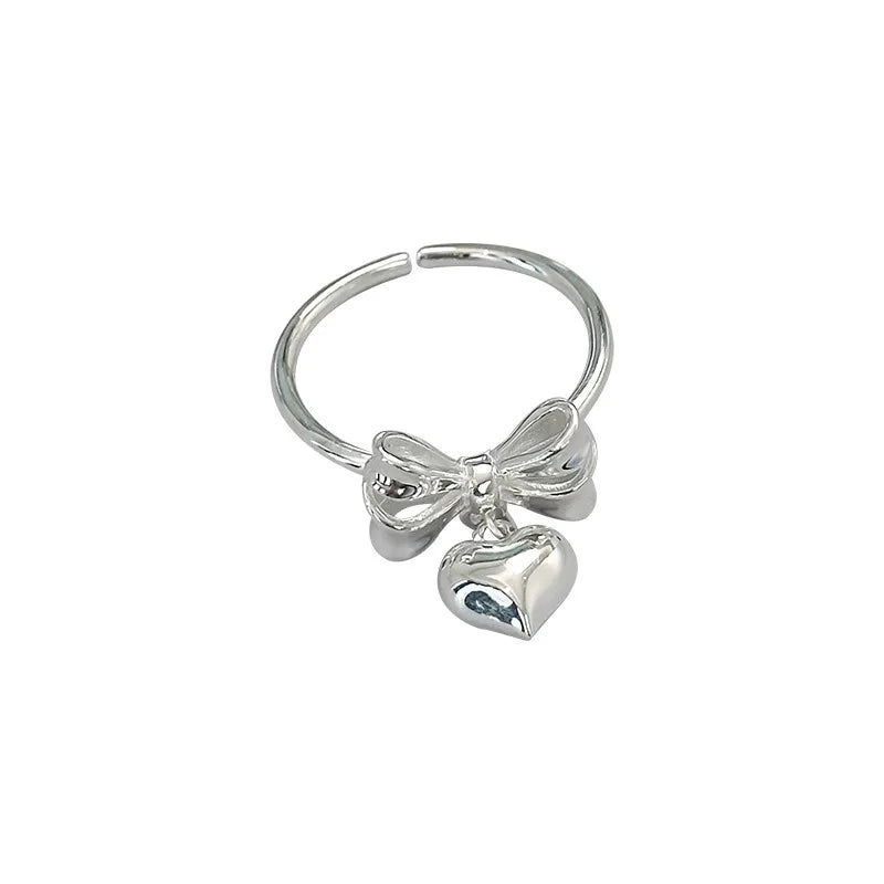 PANJBJ 925 Sterling Silver Bowknot Heart Ring – Adjustable Romantic Minimalist Jewelry Gift for Women