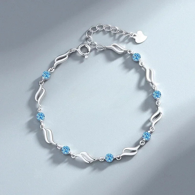 925 Sterling Silver Heart Necklace & Bracelet Set – Vintage Korean Blue Crystal Jewelry for Women | Party Gift Set