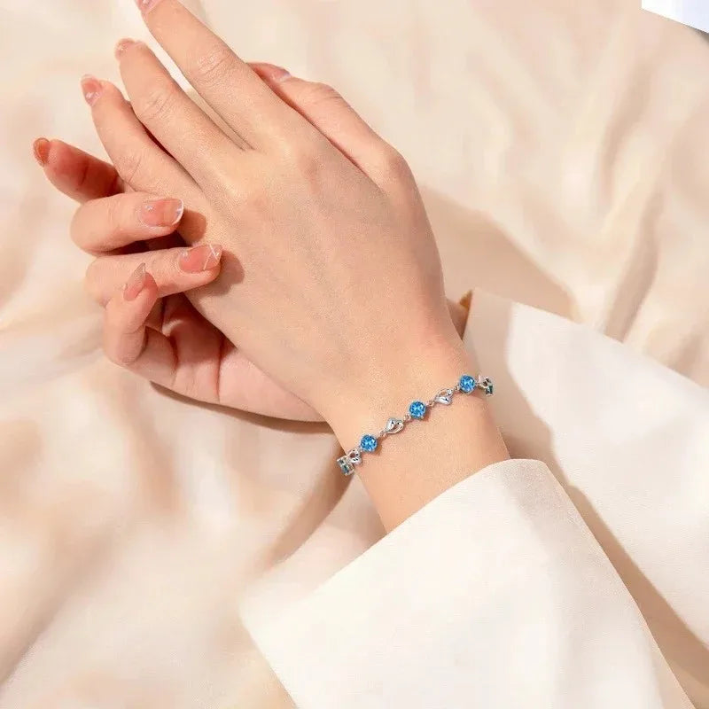 925 Sterling Silver Heart Necklace & Bracelet Set – Vintage Korean Blue Crystal Jewelry for Women | Party Gift Set