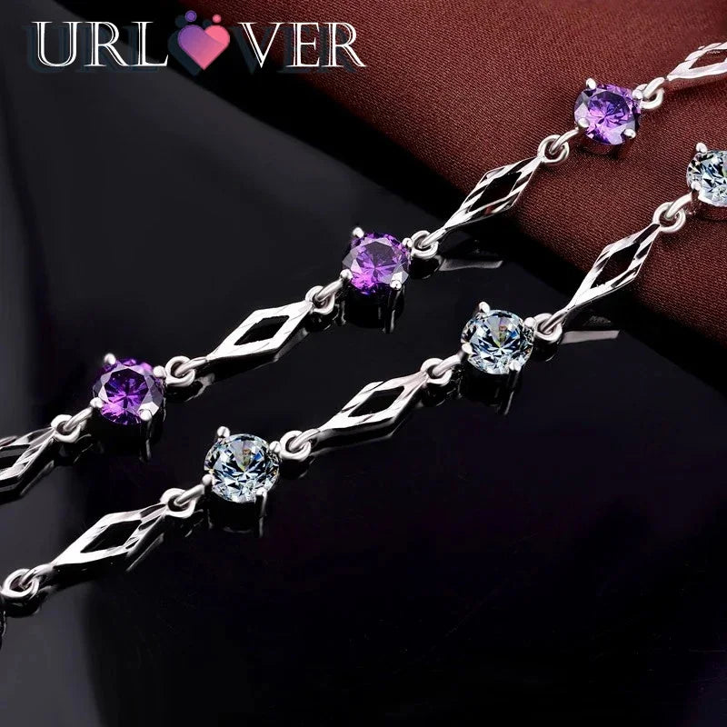URLOVER 925 Sterling Silver Fashion Women Bracelets Purple Zircon Charm Bracelet Fine Jewelry Accessories Gift For Wedding Party