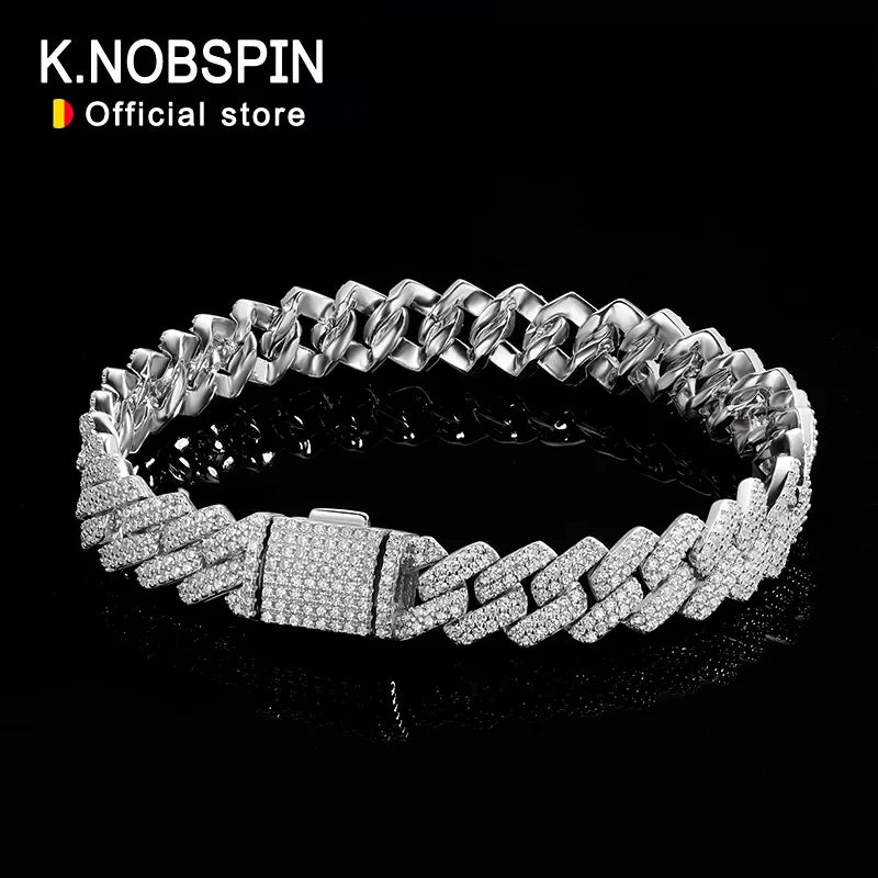 KNOBSPIN 8mm Moissanite Cuban Bracelet – GRA Certified Solid S925 Silver 18K White Gold Diamond Chain for Men & Women