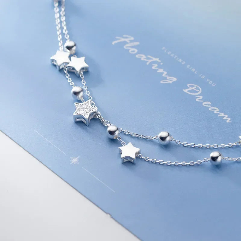 925 Sterling Silver Double Star Crystal Bracelet – Korean Fashion Jewelry for Women & Girls, Wedding & Gift Ready