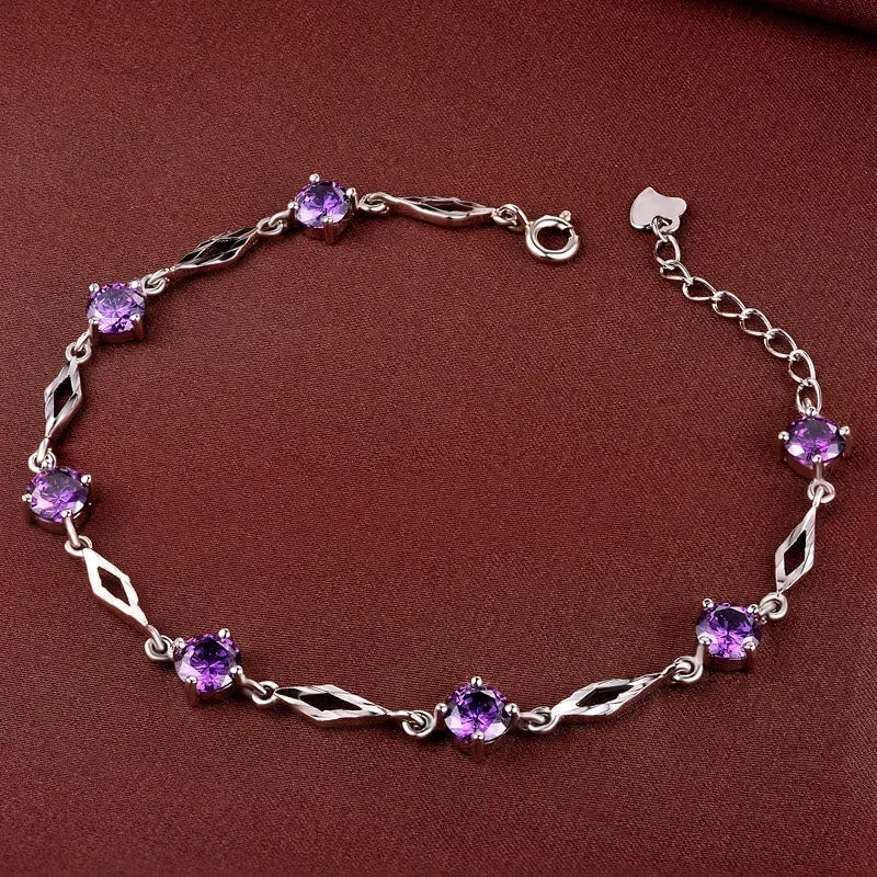 URLOVER 925 Sterling Silver Fashion Women Bracelets Purple Zircon Charm Bracelet Fine Jewelry Accessories Gift For Wedding Party