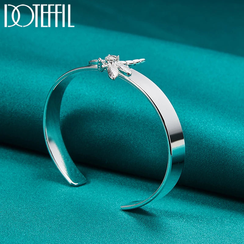 DOTEFFIL 925 Sterling Silver Dragonfly Bangle Bracelet – Smooth Charm Cuff for Women & Men | Wedding, Engagement, Party Jewelry